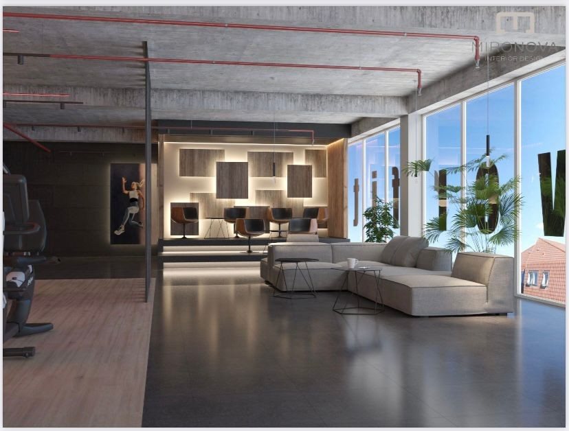 A gym lounge and reception area designed by Mironova Interior Design.