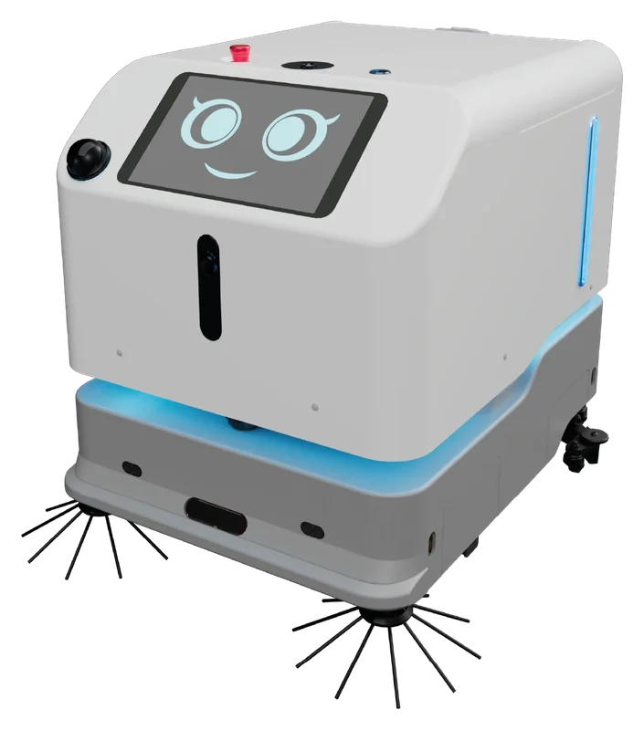 Eine kompakte autonome Scheuersaugmaschine mit Display, freundlichem Gesicht, Seitenbürsten und blauem Statuslicht.