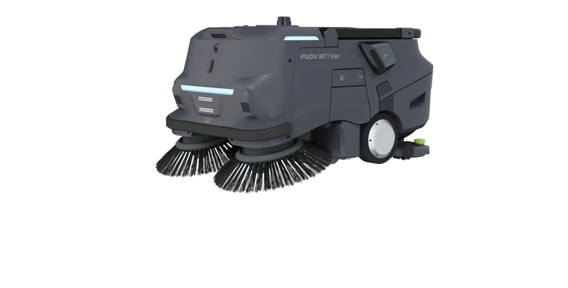 Eine graue autonome Kehrmaschine mit zwei großen Seitenbürsten und Sensormast.